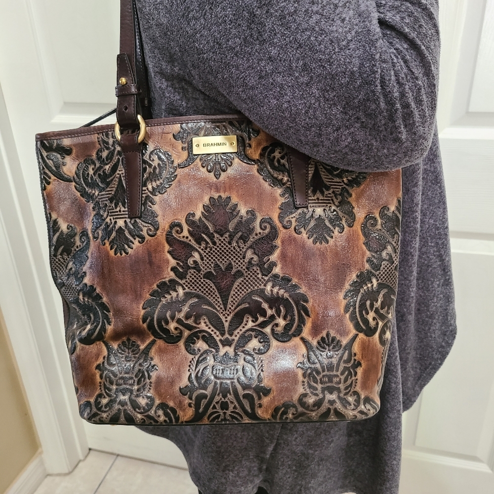 Brahmin Asher Large Tote Espresso Fresco Damask Embossed Leather